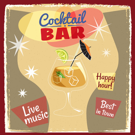 Retro poster design for cocktailbar. Vintage poster, happy hour, card for bar or restaurant. Vector, isolatedのイラスト素材