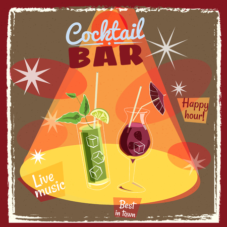 Retro poster design for cocktailbar. Vintage poster, happy hour, card for bar or restaurant. Vector, isolatedのイラスト素材