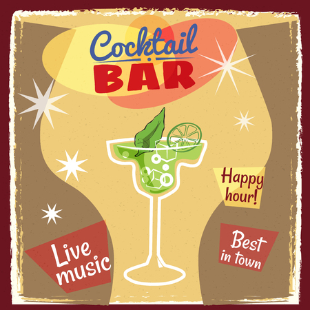 Retro poster design for cocktailbar. Vintage poster, happy hour, card for bar or restaurant. Vector, isolatedのイラスト素材