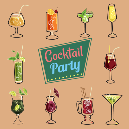 Set of ten beautiful illustration of some of the most famous Cocktails and Drink from all around the world, icon, vector illustrationのイラスト素材
