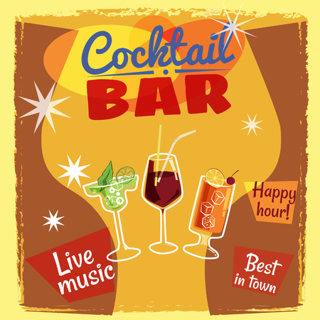 Retro poster design for cocktailbar. Vintage poster, card for bar or restaurant. Vector, isolatedのイラスト素材