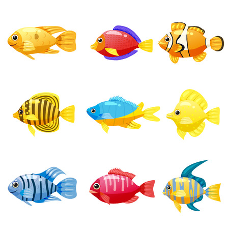 Funny fish vector characters. Colorful coral reef tropical fish set vector illustration. Sea fish collection isolated on white background.のイラスト素材