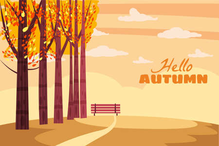 Autumn landscape, fall trees with yellow leaves, lonely bench for contemplation of autumn nature, vector, isolated, cartoon styleの写真素材