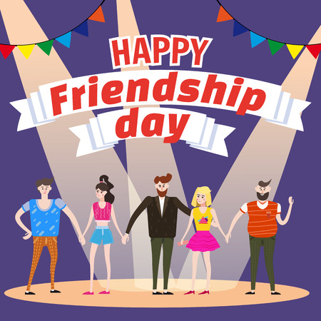 Celebrating Group of happy friends enjoying Friendship Day. Modern graphic. Cartoon style illustration for your design. Poster, baner, greeting card.の写真素材