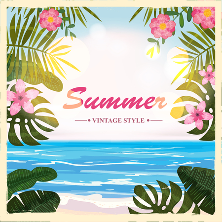 Vector summer retro poster background, flowers, beach, vector, illustrationsのイラスト素材
