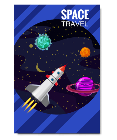 Outline outer space rocket space travel, exploration of the universe, other planets, flying rockets, stars of distant galaxies, template of flyear, magazines, posters, book cover, banners. Vector, banner, illustration, isolated.のイラスト素材