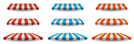 A set of striped red, blue, orange white awnings, canopies for the store. Awning for the cafes and street restaurants. Vector illustration isolated on white background. Isolatedの写真素材