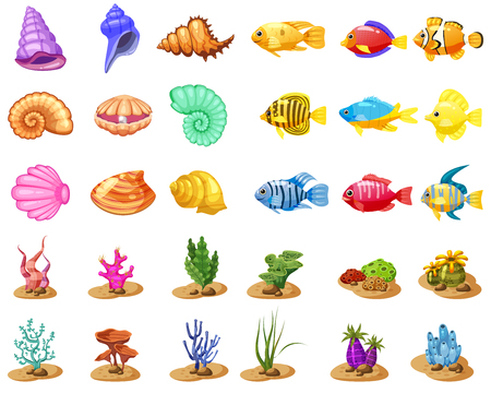 Cartoon Vector game icons with seashell, Colorful coral reef tropical fish, pearl, colorful corals and algae, white background, for match three game, apps on white backgroundのイラスト素材
