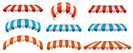 A set of striped red, blue, orange white awnings, canopies for the store. Awning for the cafes and street restaurants.の写真素材