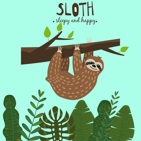 Cute funny sloth hanging on the tree. Sleepy and happy. Adorable hand drawn cartoon animal illustration.  cute sloth for greeting card, invites, poster, banner, t-shirt print, background,isolatedの写真素材