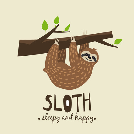 Cute funny sloth hanging on the tree. Sleepy and happy. Adorable hand drawn cartoon animal illustration. Cute sloth for greeting card, invites, poster, banner, t-shirt print, background,isolatedの写真素材