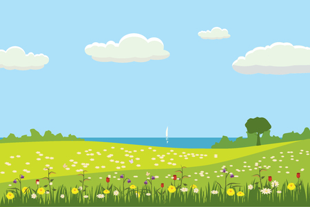 A rural cute landscape, a beautiful view, fields of meadows, flowering flowers.の写真素材