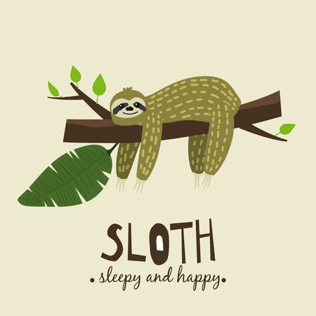 Cute funny sloth hanging on the tree. Sleepy and happy. Adorable hand drawn cartoon animal illustration. cute sloth for greeting card, invites, poster, banner, t-shirt print, background,isolatedのイラスト素材