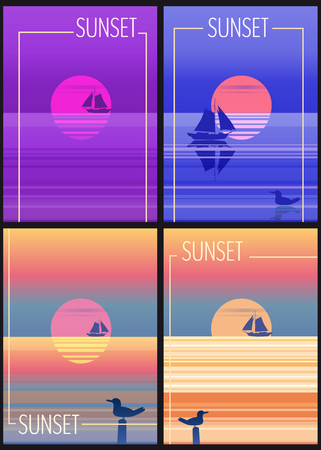 Set cards minimalist sunset in the sea, ocean, with a sailboat and seagulls. Summer holidays, flyer, banner, poster, backgroundの写真素材