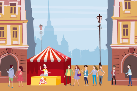 Trade tent, ice cream counter, seller under a canopy, outdoor composition, city, selling ice cream, drinks, corn, fast food, sweets.の写真素材