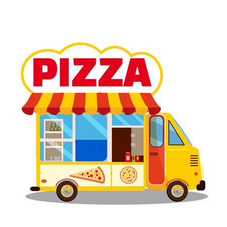 Truck street pizza to customer. Delivering free anf fast, Cartoon design for web, site, advertising, banner, poster, board and print.の写真素材