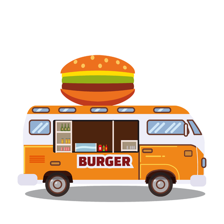Street food truck, van. Fast food delivery. Fast food car with a big hamburger on a white background.の写真素材