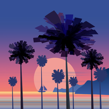 Tropical sunrise at seashore, sea landscape with palms, sailing boat minimalistic illustration. Seascape sunrise or sunset.の写真素材