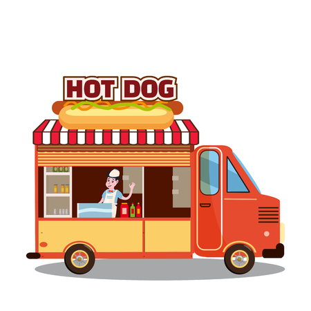 Cartoon fast-food car with a big Hot Dog on a white backgroundのイラスト素材