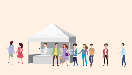 Trade tent, ice cream counter, seller under a canopy, selling ice cream, drinks, corn, fast food, sweets. People, sellers and buyers. Urban scene. Vector illustration in cartoon style. ,の写真素材