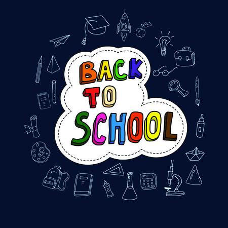 Back to school, poster with doodles drawn by hand, set of school icons, banner, invitation cardsのイラスト素材