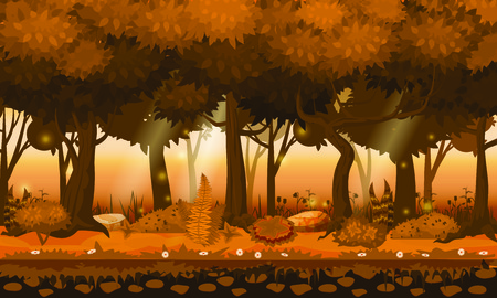 Fairy background forest. Bright forest woods, silhouttes, trees with bushes, ferns and flowersのイラスト素材