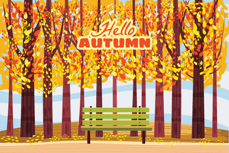 Hello autumn, Autumn alley, path in the park, bench, fall, autumn leaves moodのイラスト素材