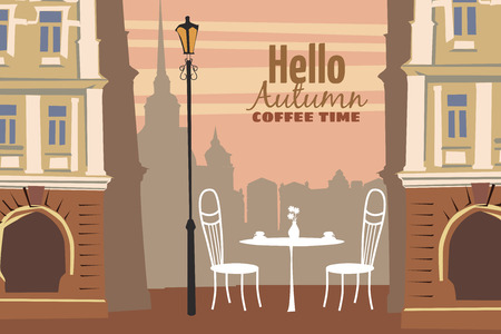 Street outdoor cafe in the old town, coffee table with cups, chairs, mood of fall, romanceのイラスト素材