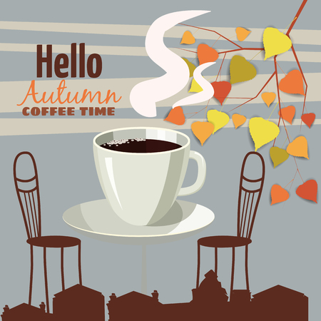 Street outdoor cafe in the old town, coffee table with cups, chairs, autumn leaves, mood of fall, romanceのイラスト素材