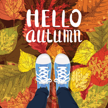 Hello Autumn, Lettering, sneakers, shoes on autumn leaves, autumn leaves, Fall mood romanceのイラスト素材