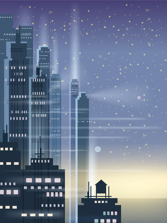 Night city, city scene, skyscrapers, towers, starry sky, lights horizon perspective vector isolatedのイラスト素材