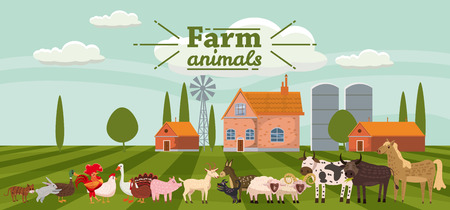 Farm animals and birds set in trendy cute style, including horse, cow, donkey, sheep, goat, pig, rabbit, duck, goose, turkey roosterram dog cat bull and chickenのイラスト素材