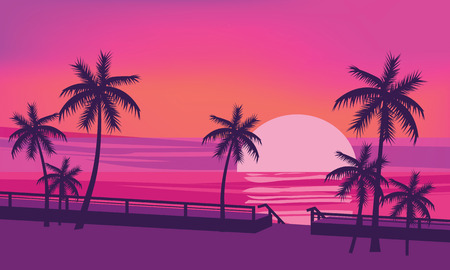 Sunset, ocean, evening, palm trees sea shore vector illustration isolatedのイラスト素材