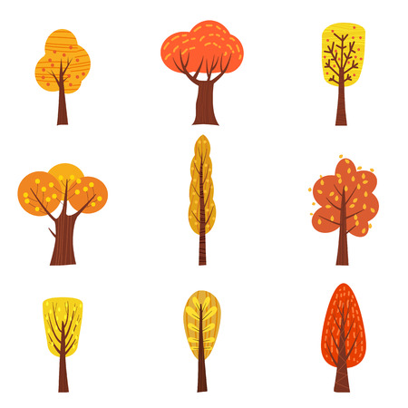 Set of autumn trees, different types, modern trend design, cute styleのイラスト素材