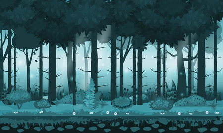 Fairy background forest. Bright forest woods, silhouttes, trees with bushes, ferns and flowersのイラスト素材