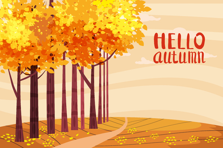 Hello autumn, Autumn alley, path in the park, fall, autumn leaves, lettering moodのイラスト素材
