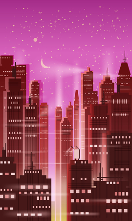 Night city, city scene, skyscrapers, towers, starry sky, lights horizon perspective vector isolatedのイラスト素材