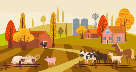 Farm animals and birds set in trendy cute style, including horse, cow, donkey, sheep, goat, pig, rabbit, duck, goose, turkey roosterram dog cat bull and chickenのイラスト素材