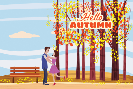 Hello autumn, Autumn alley, couple guy and girl characters met the path in the park, fall, autumn leaves, mood, lettering, color, illustration, cartoon style, isolatedの写真素材