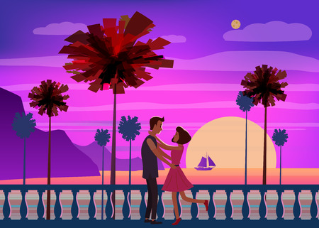Sunset ocean, sea, palm trees, mountains, embankment, the setting sun, seascape. Meeting a couple in love, romance, love. Mood of color.の写真素材