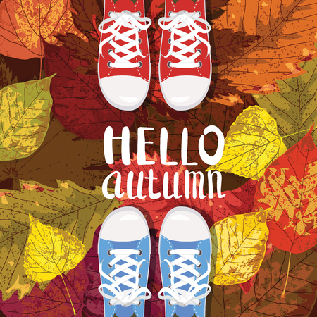 Hello Autumn, Lettering, sneakers, shoes on autumn leaves, autumn leaves, Fall mood romanceのイラスト素材
