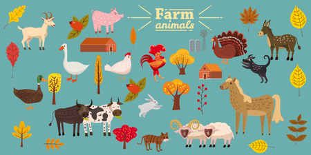 Big set of farm animals, pig, rabbit, cow, bull, cat, dog goose duck turkey donkey goat sheep ramのイラスト素材