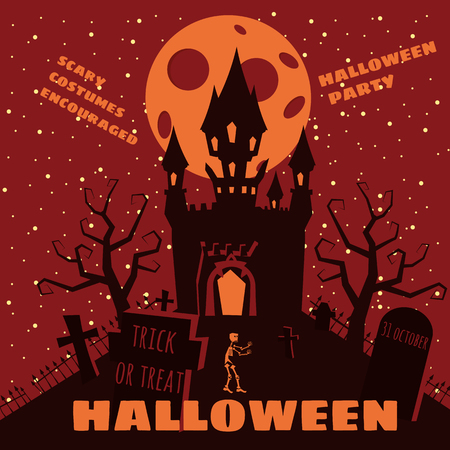 Halloween background with semetery and sceleton, haunted castle, house and full moonのイラスト素材