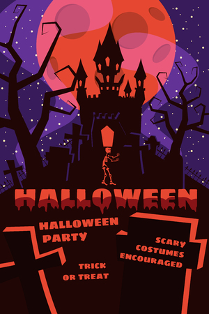 Halloween background with semetery and sceleton, haunted castle, house and full moonのイラスト素材