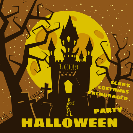 Halloween background with semetery and sceleton, haunted castle, house and full moonのイラスト素材