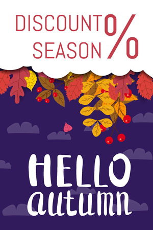 Hello Autumn, discount season, background with falling leaves, yellow, orange, brown, fall, lettering, template for poster, banner, vector, isolatedのイラスト素材