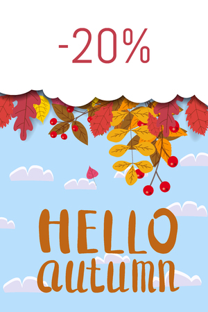 Hello Autumn, discount season, background with falling leaves, yellow, orange, brown fall letteringのイラスト素材