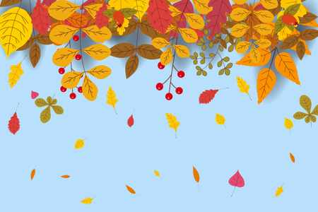 Hello Autumn, background with falling leaves, yellow, orange, brown fall letteringのイラスト素材