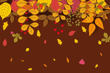 Hello Autumn, background with falling leaves, yellow, orange, brown fall letteringのイラスト素材