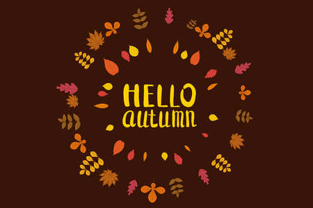 Hello Autumn, background with falling leaves, yellow, orange, brown, fall, lettering, template for poster, banner, vector, isolatedの写真素材